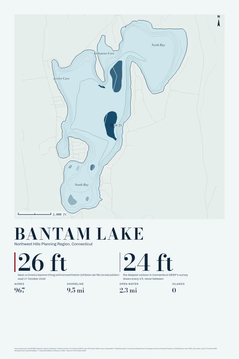 Bantam Lake in Bathymetric on Clear Water, its depth contours drawn from the state's survey.