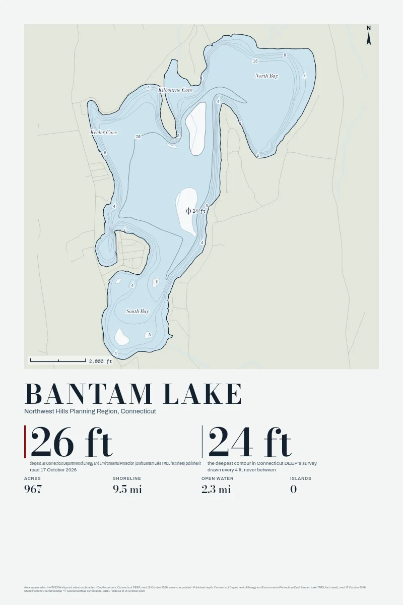 Bantam Lake in Chart on Chart, its depth contours drawn from the state's survey.