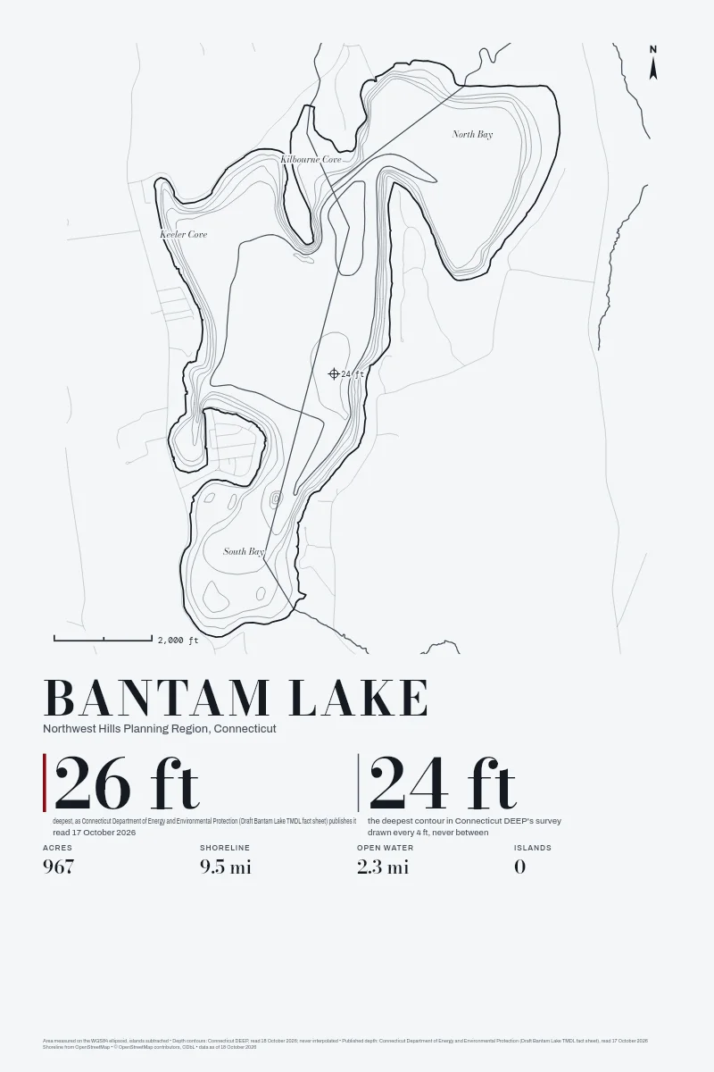 Bantam Lake in Survey on Ink, its depth contours drawn from the state's survey.