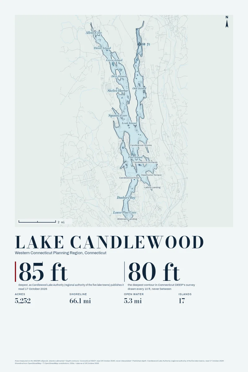 Lake Candlewood in Bathymetric on Clear Water, its depth contours drawn from the state's survey.