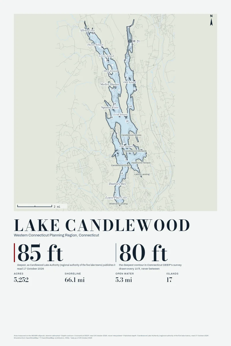 Lake Candlewood in Chart on Chart, its depth contours drawn from the state's survey.