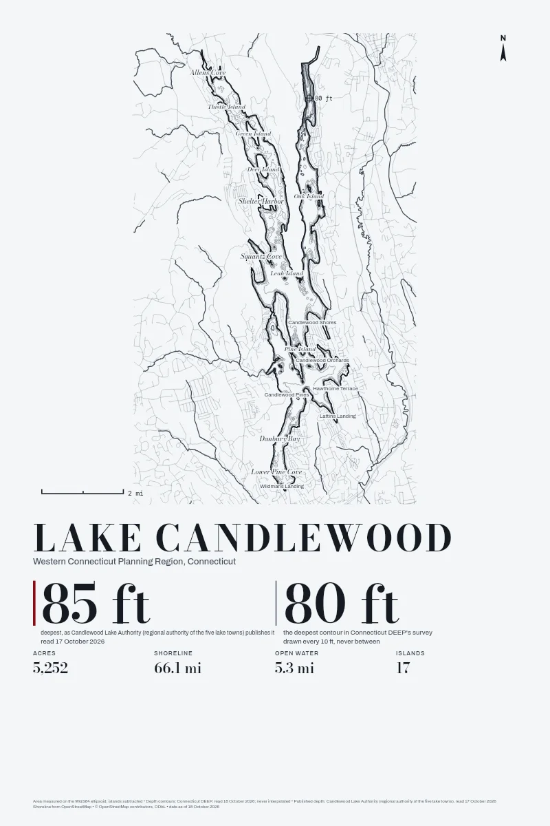 Lake Candlewood in Survey on Ink, its depth contours drawn from the state's survey.
