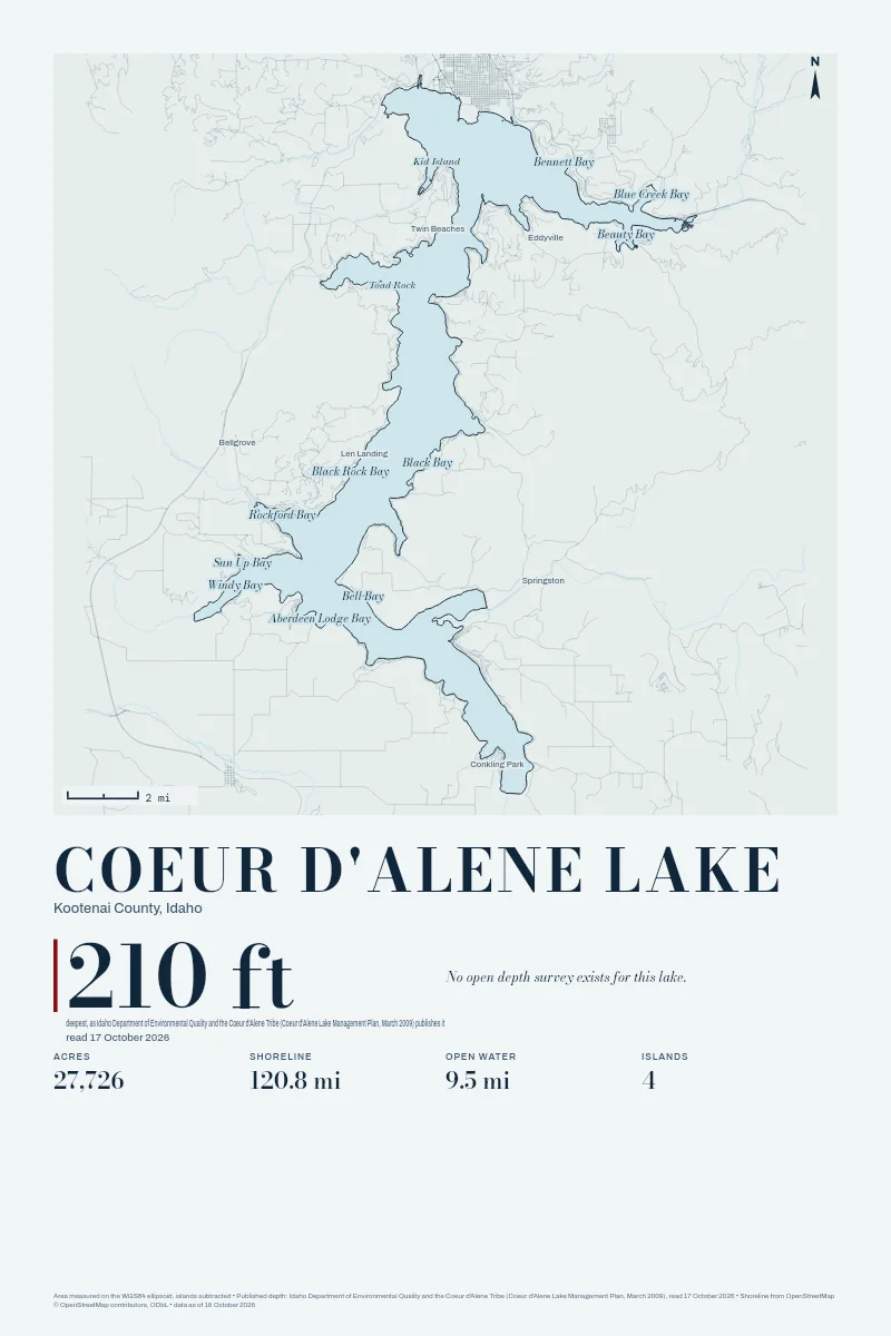 Coeur d'Alene Lake in Bathymetric on Clear Water, its shoreline drawn with no depth survey.