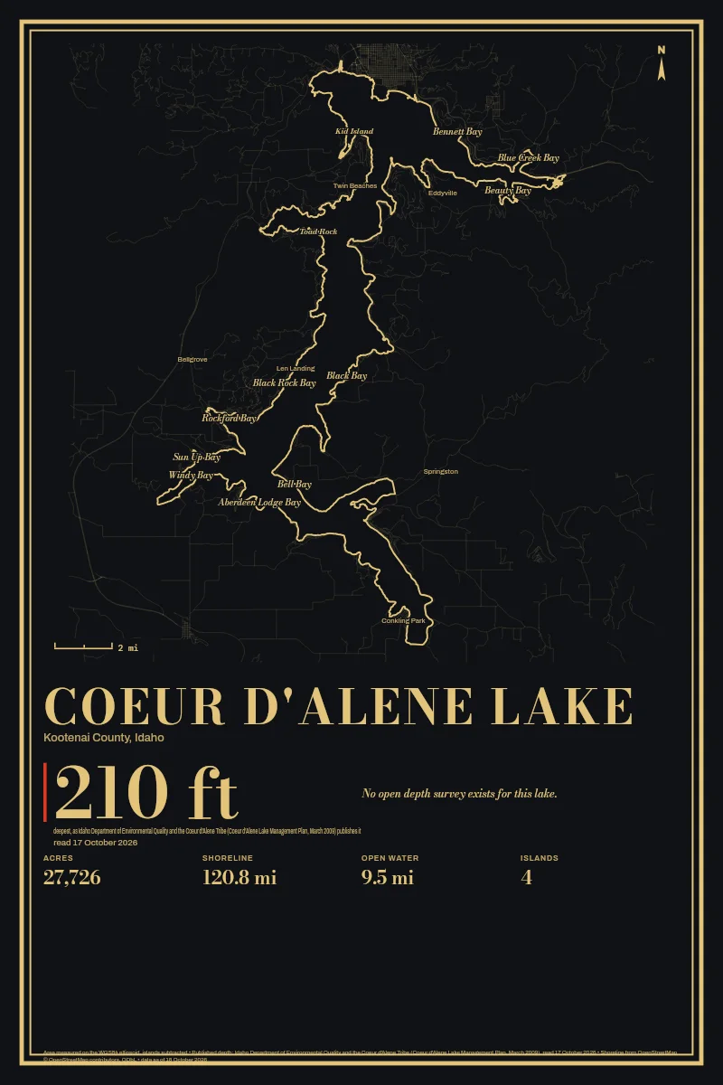 Coeur d'Alene Lake in Gilt on Black & Gold, its shoreline drawn with no depth survey.