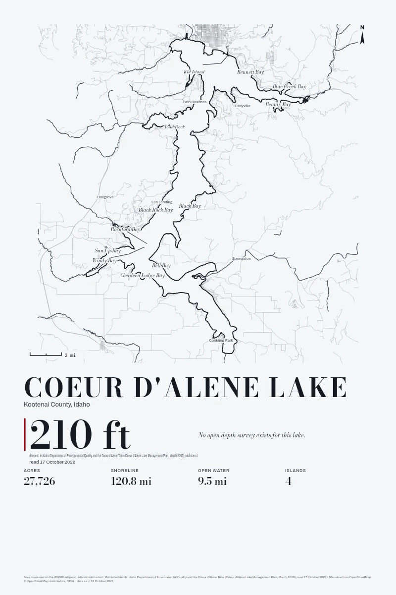 Coeur d'Alene Lake in Survey on Ink, its shoreline drawn with no depth survey.