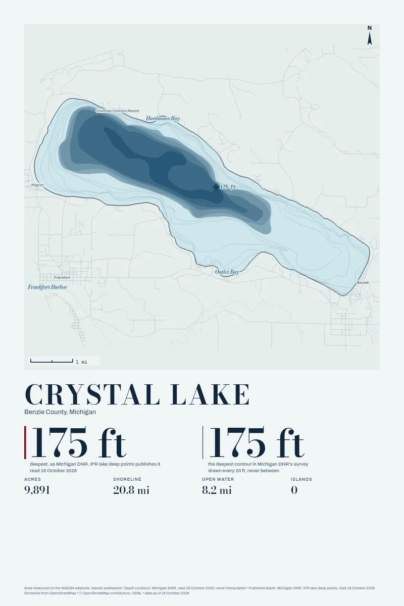 Crystal Lake in Bathymetric on Clear Water, its depth contours drawn from the state's survey.