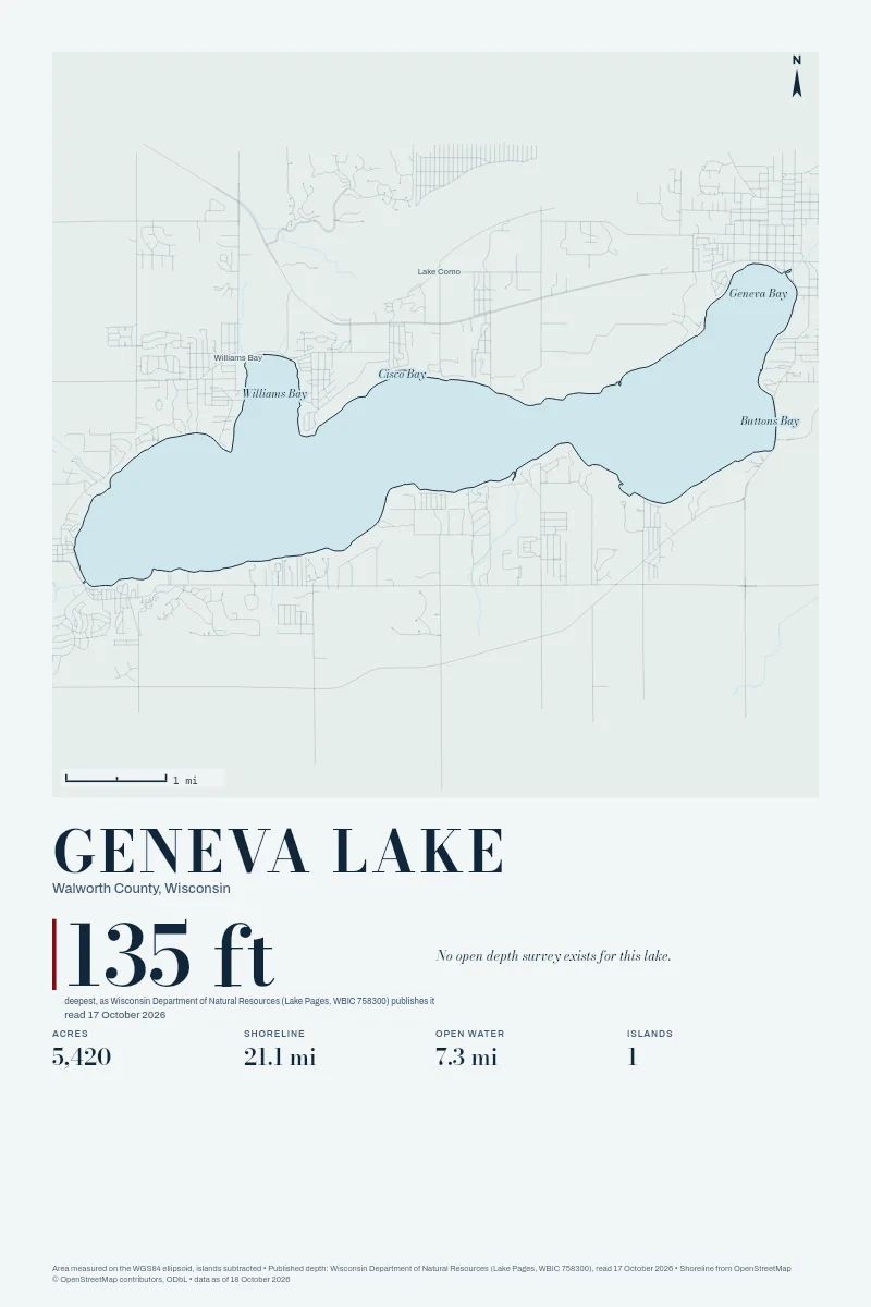 Geneva Lake in Bathymetric on Clear Water, its shoreline drawn with no depth survey.