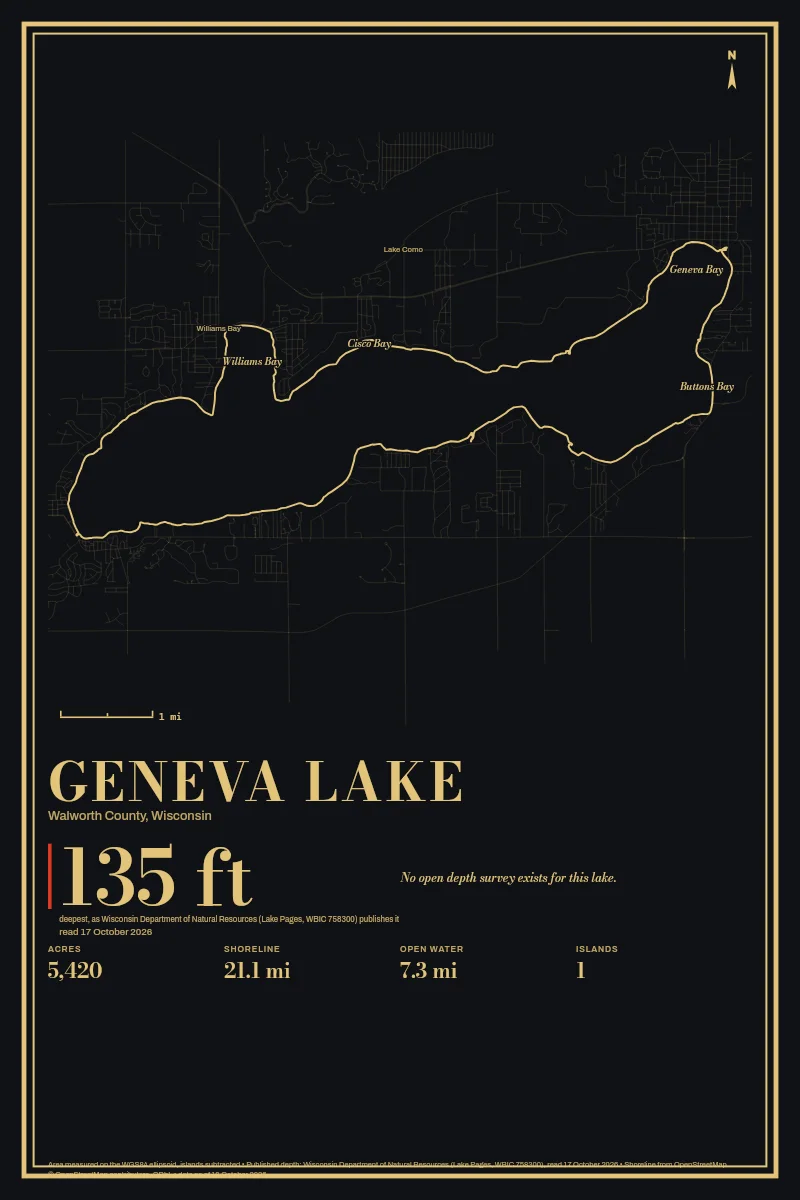 Geneva Lake in Gilt on Black & Gold, its shoreline drawn with no depth survey.