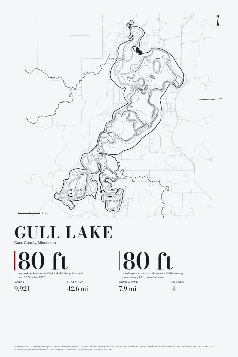 Gull Lake in Survey on Ink, its depth contours drawn from the state's survey.