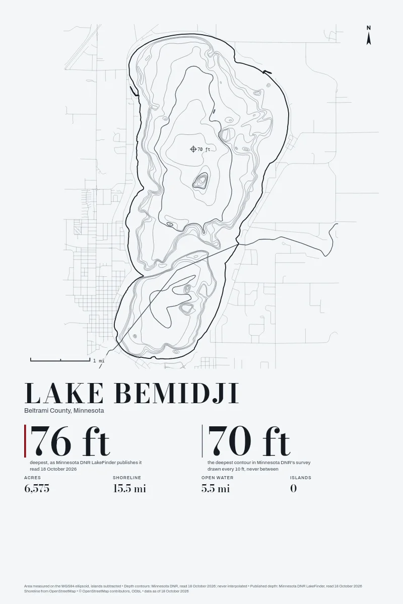 Lake Bemidji in Survey on Ink, its depth contours drawn from the state's survey.