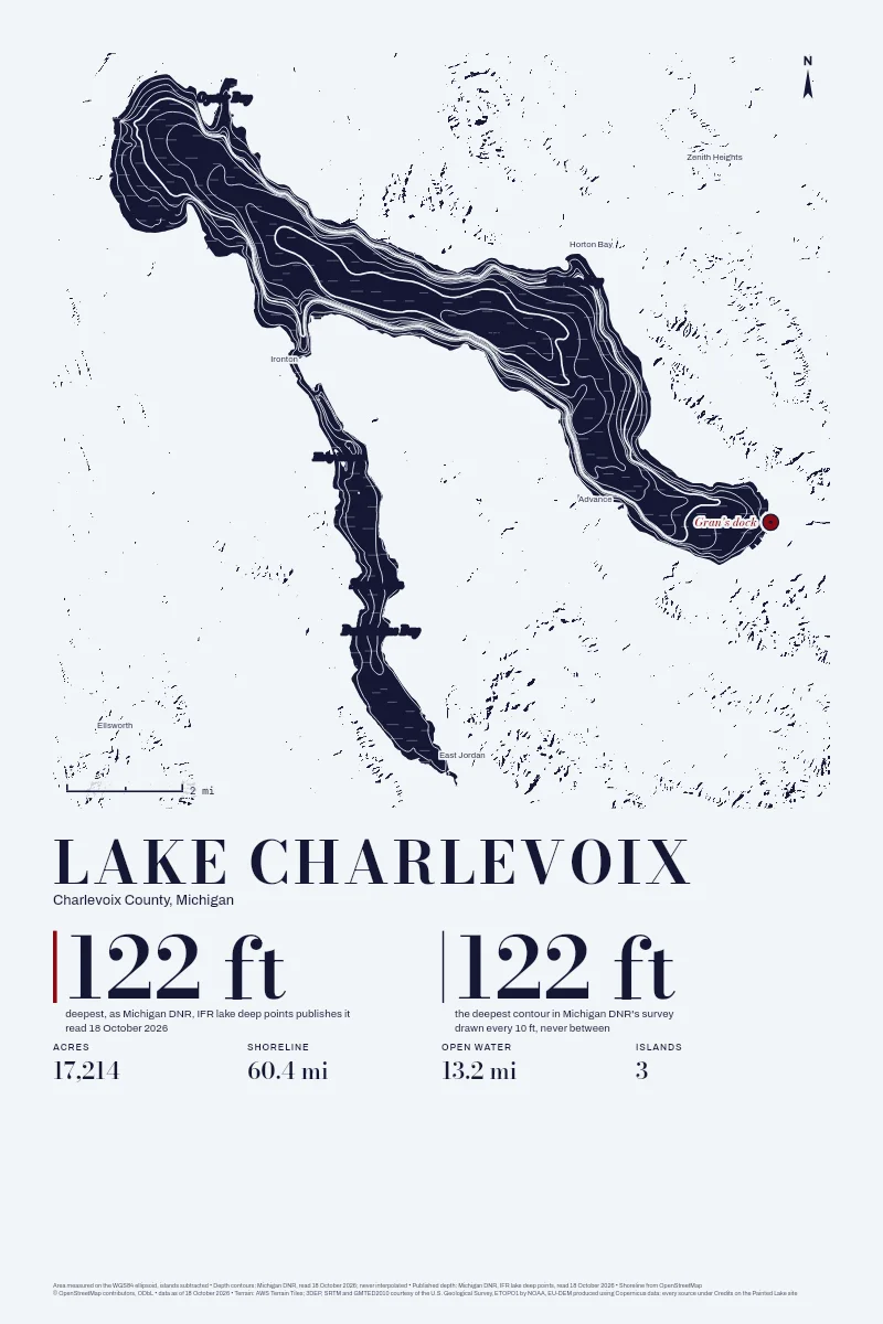 Lake Charlevoix in Linocut on Ink on Paper, its depth contours drawn from the state's survey, with a sample pin marked Gran's dock.