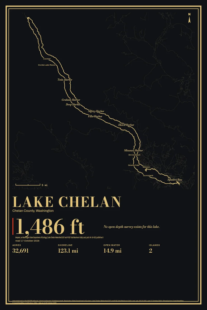 Lake Chelan in Gilt on Black & Gold, its shoreline drawn with no depth survey.