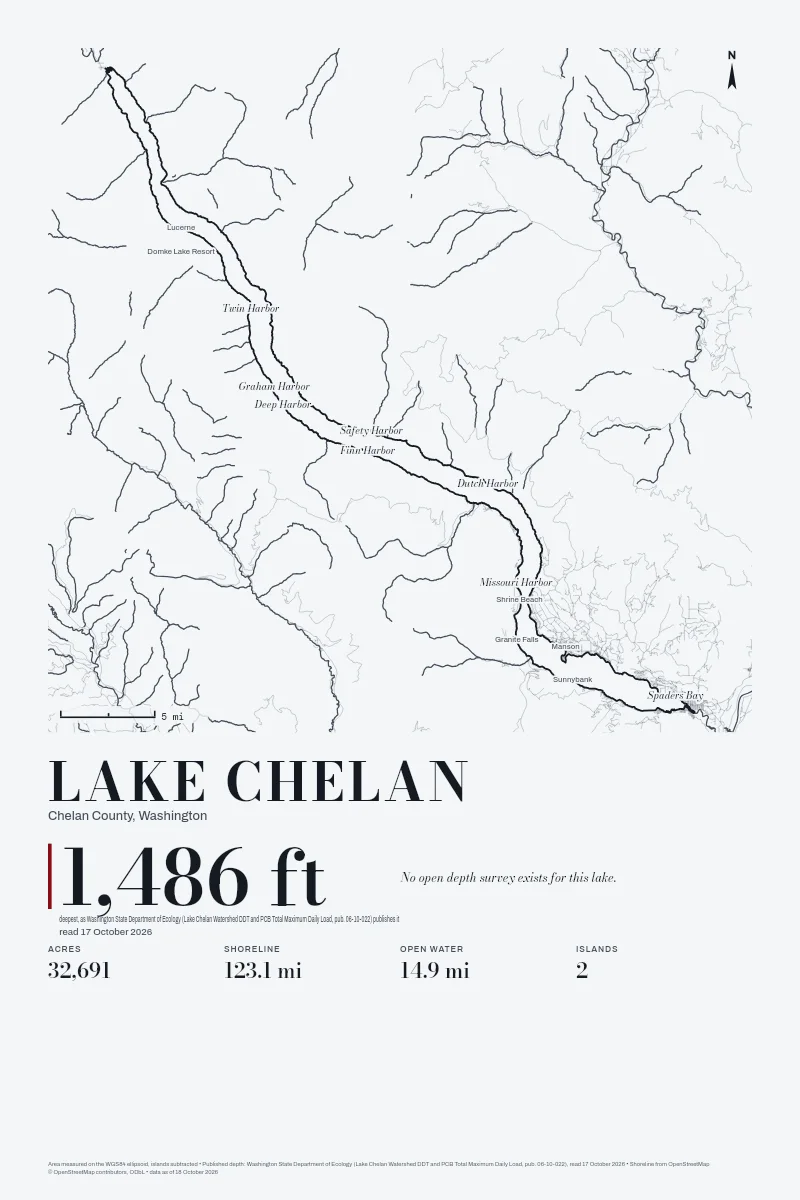 Lake Chelan in Survey on Ink, its shoreline drawn with no depth survey.