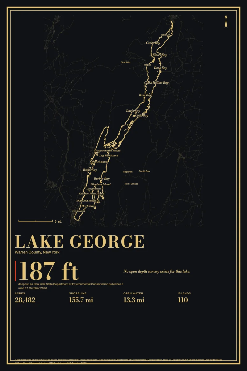 Lake George in Gilt on Black & Gold, its shoreline drawn with no depth survey.