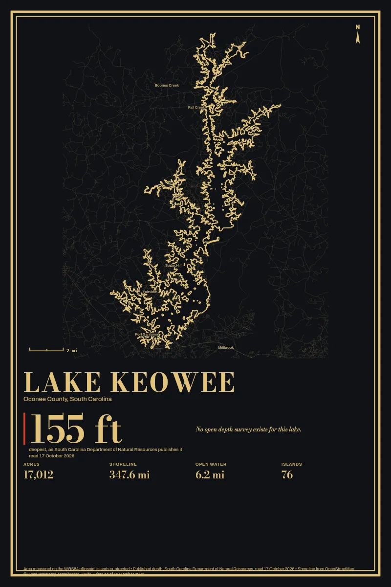 Lake Keowee in Gilt on Black & Gold, its shoreline drawn with no depth survey.