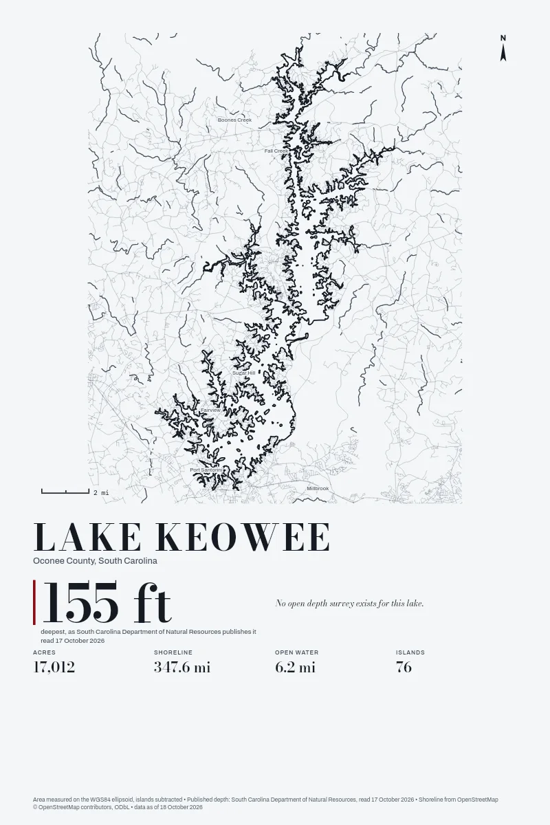 Lake Keowee in Survey on Ink, its shoreline drawn with no depth survey.