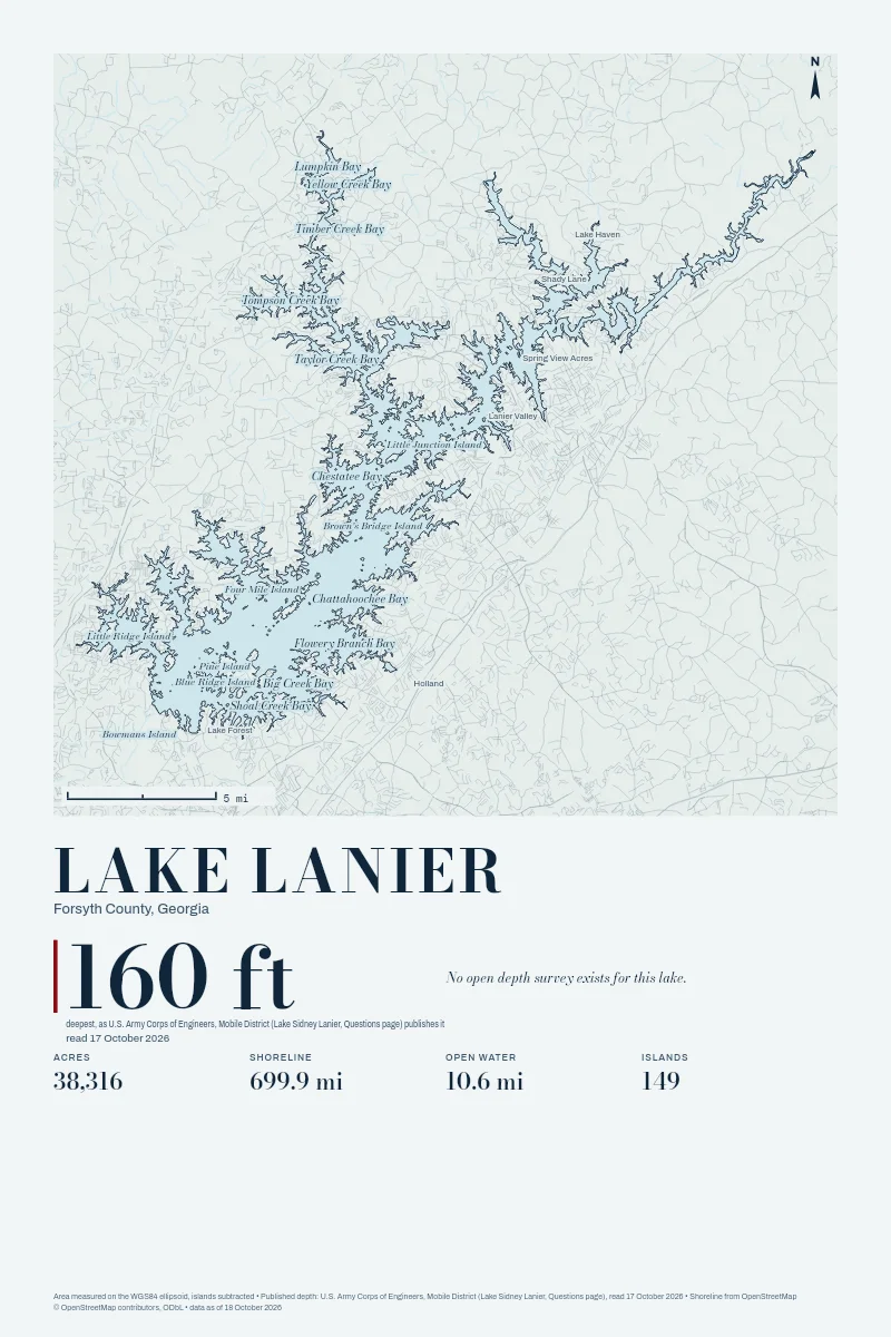 Lake Lanier in Bathymetric on Clear Water, its shoreline drawn with no depth survey.