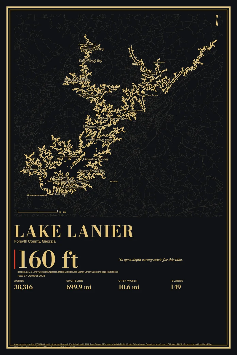 Lake Lanier in Gilt on Black & Gold, its shoreline drawn with no depth survey.