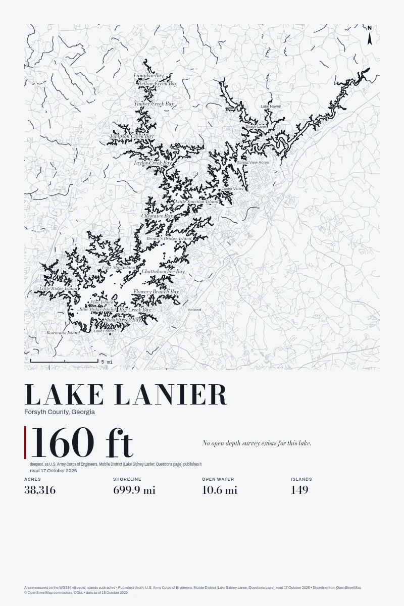 Lake Lanier in Survey on Ink, its shoreline drawn with no depth survey.