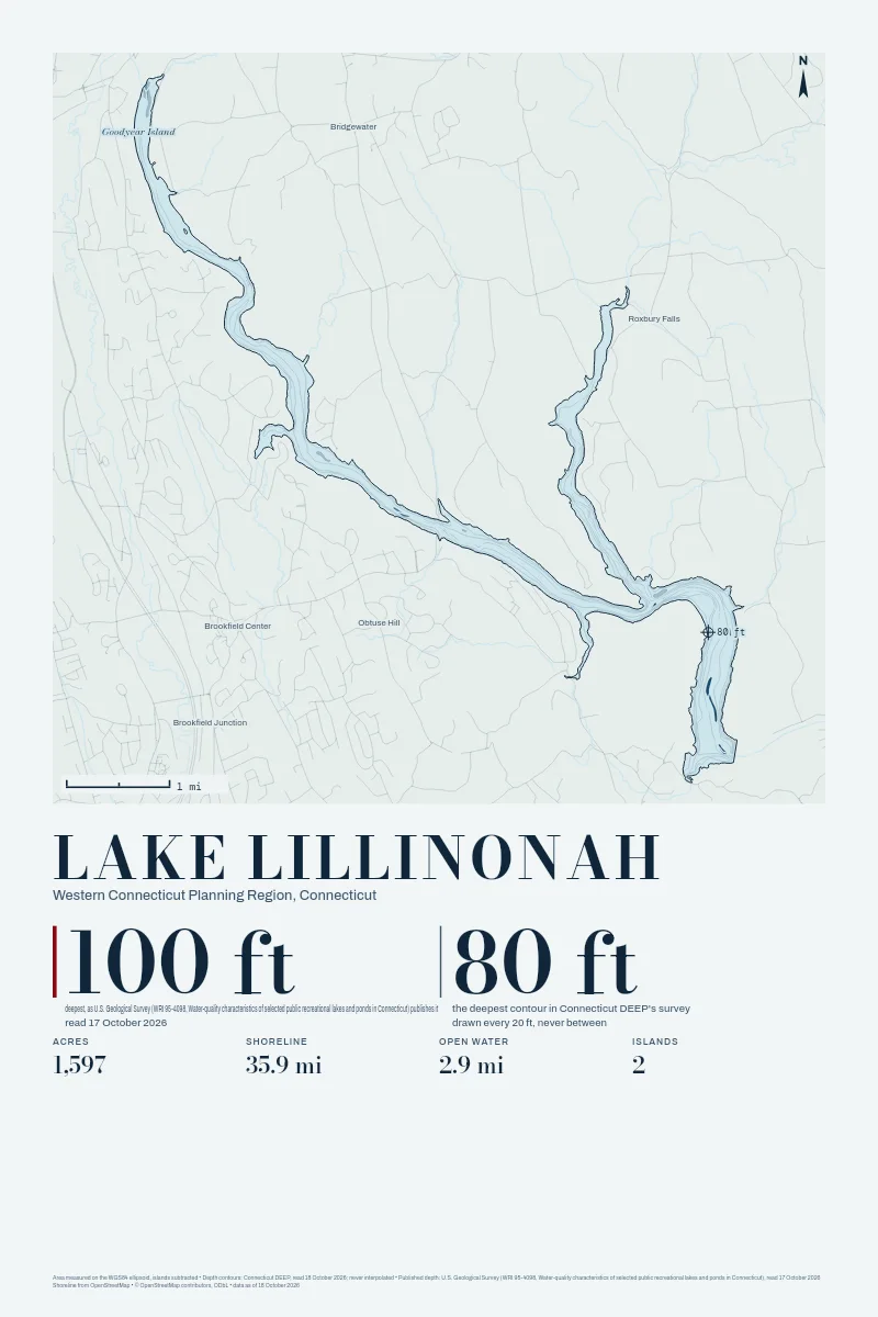 Lake Lillinonah in Bathymetric on Clear Water, its depth contours drawn from the state's survey.