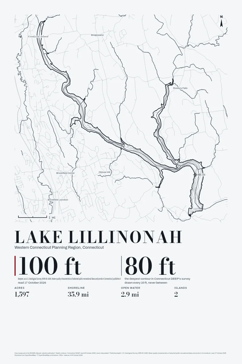 Lake Lillinonah in Survey on Ink, its depth contours drawn from the state's survey.