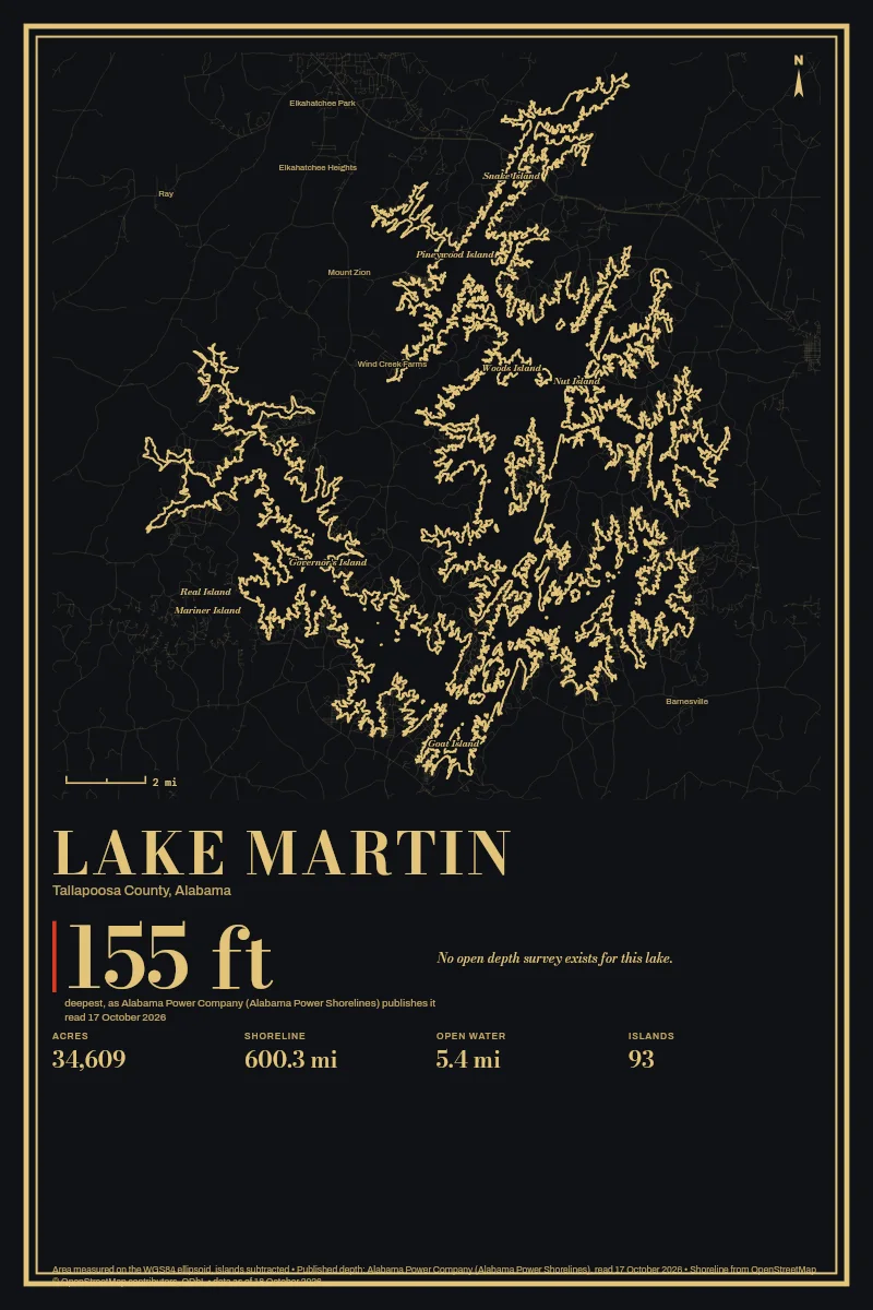 Lake Martin in Gilt on Black & Gold, its shoreline drawn with no depth survey.