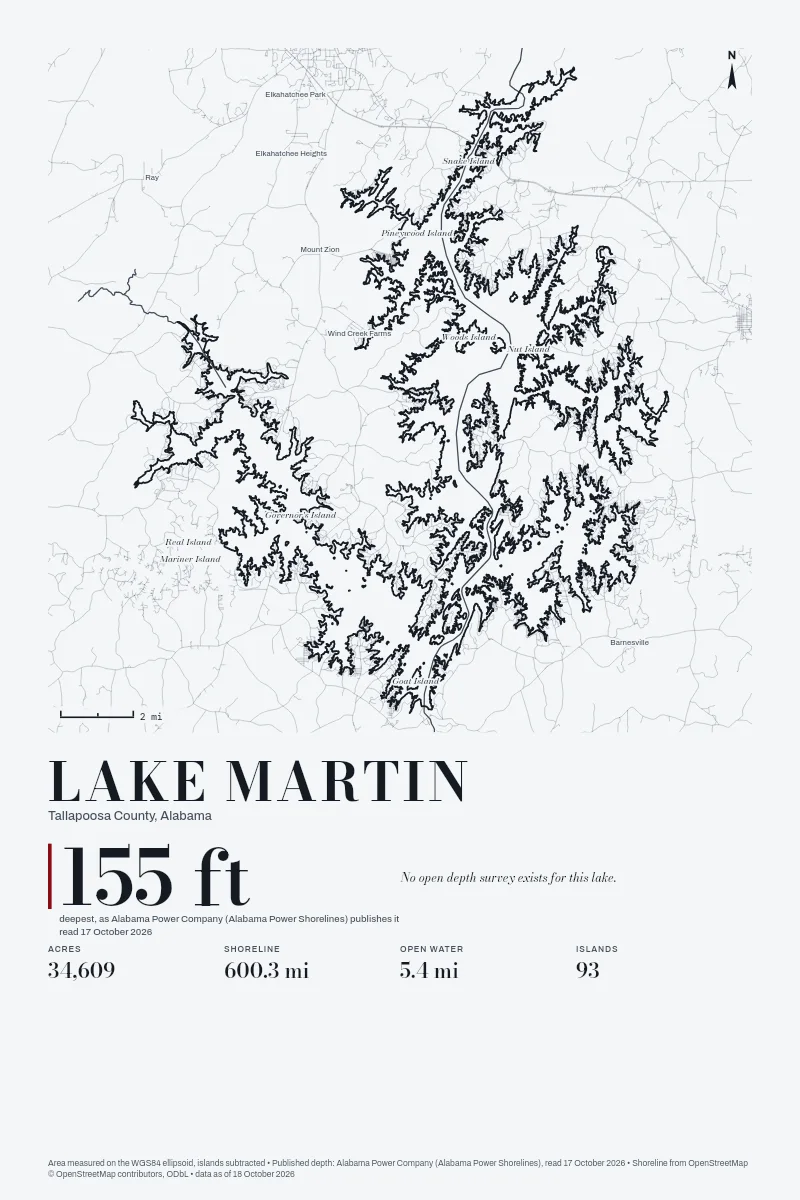 Lake Martin in Survey on Ink, its shoreline drawn with no depth survey.