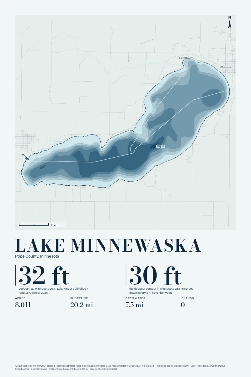 Lake Minnewaska in Bathymetric on Clear Water, its depth contours drawn from the state's survey.