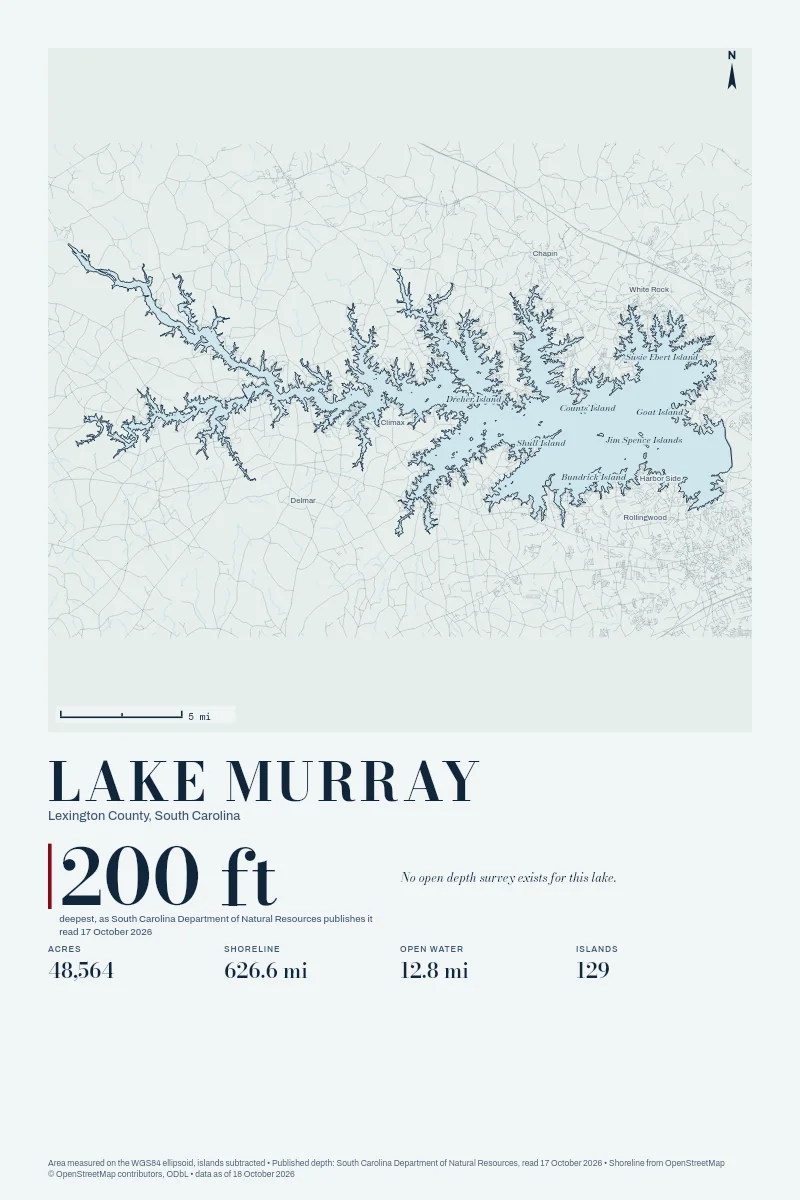 Lake Murray in Bathymetric on Clear Water, its shoreline drawn with no depth survey.