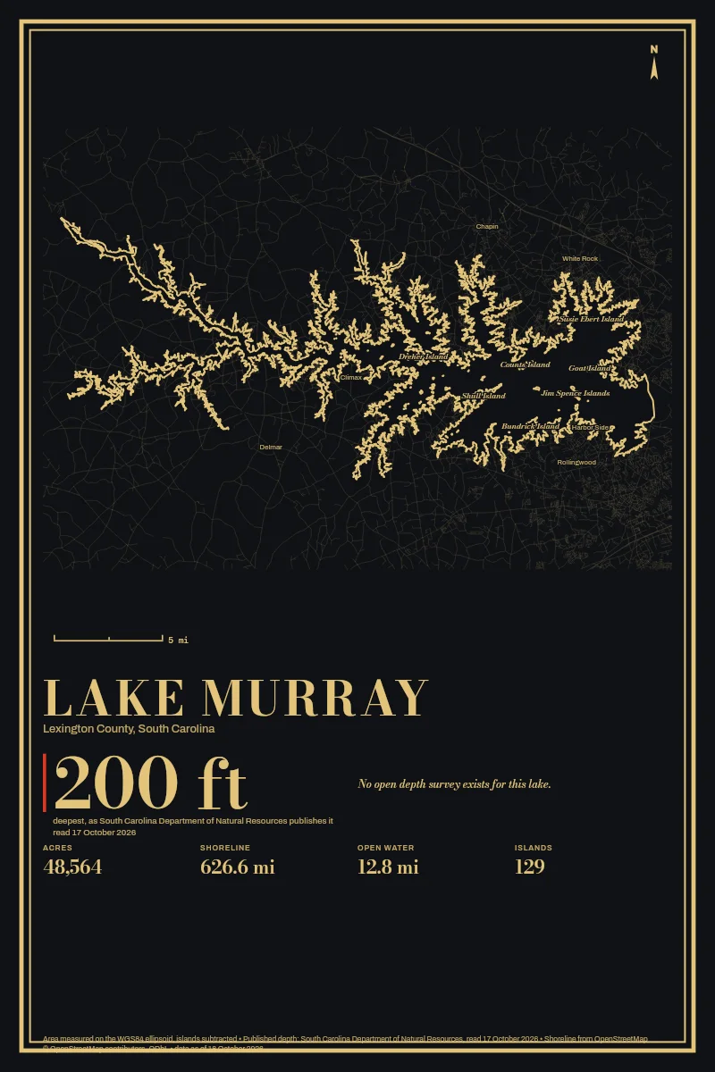 Lake Murray in Gilt on Black & Gold, its shoreline drawn with no depth survey.