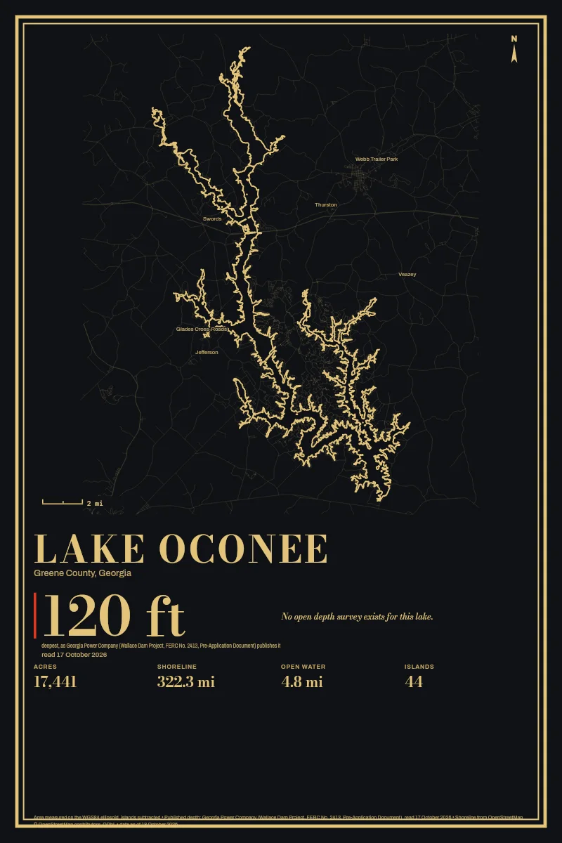 Lake Oconee in Gilt on Black & Gold, its shoreline drawn with no depth survey.
