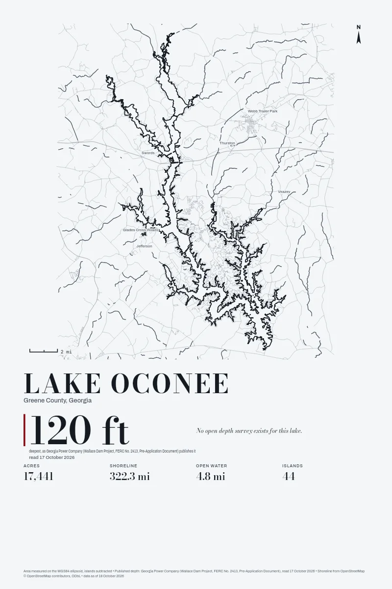 Lake Oconee in Survey on Ink, its shoreline drawn with no depth survey.