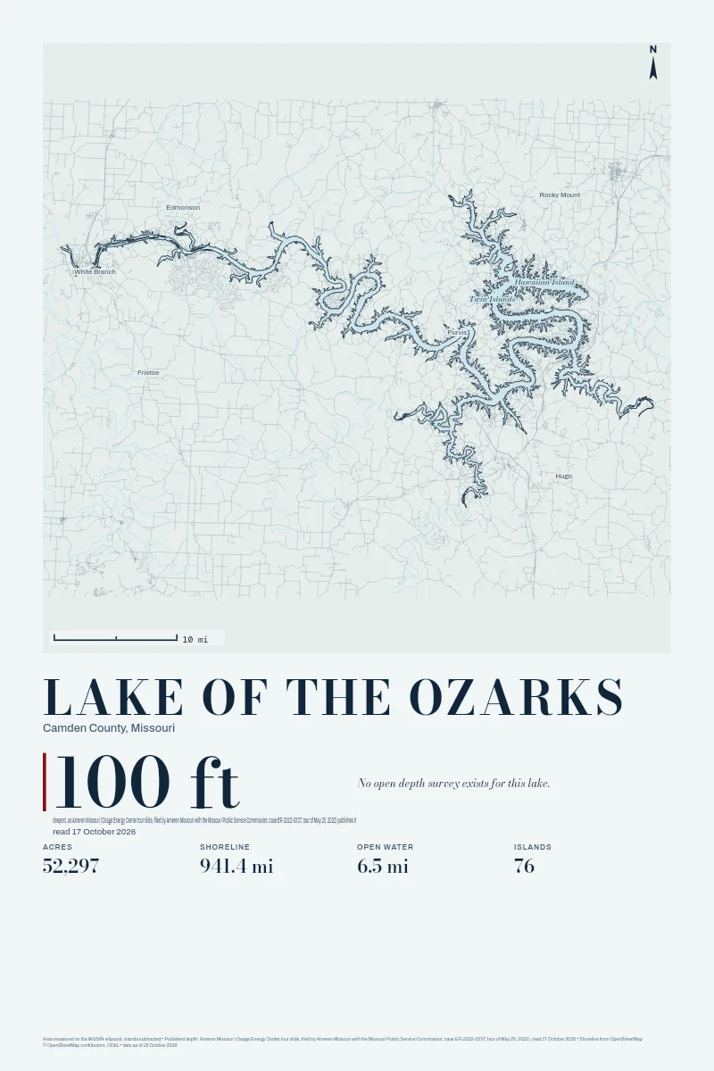 Lake of the Ozarks in Bathymetric on Clear Water, its shoreline drawn with no depth survey.