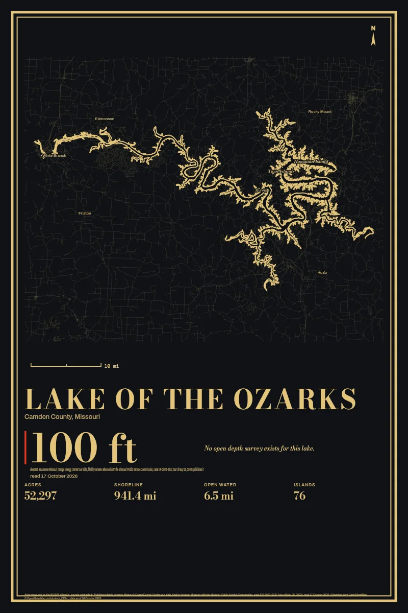 Lake of the Ozarks in Gilt on Black & Gold, its shoreline drawn with no depth survey.