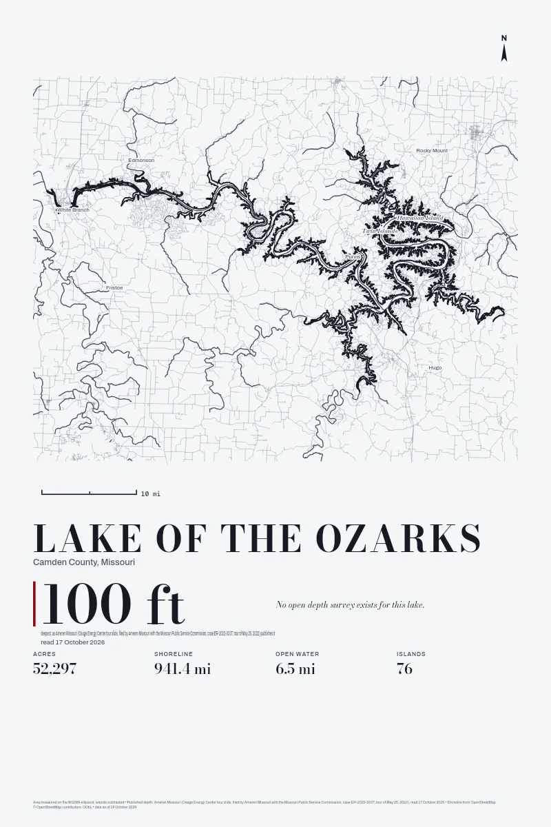 Lake of the Ozarks in Survey on Ink, its shoreline drawn with no depth survey.