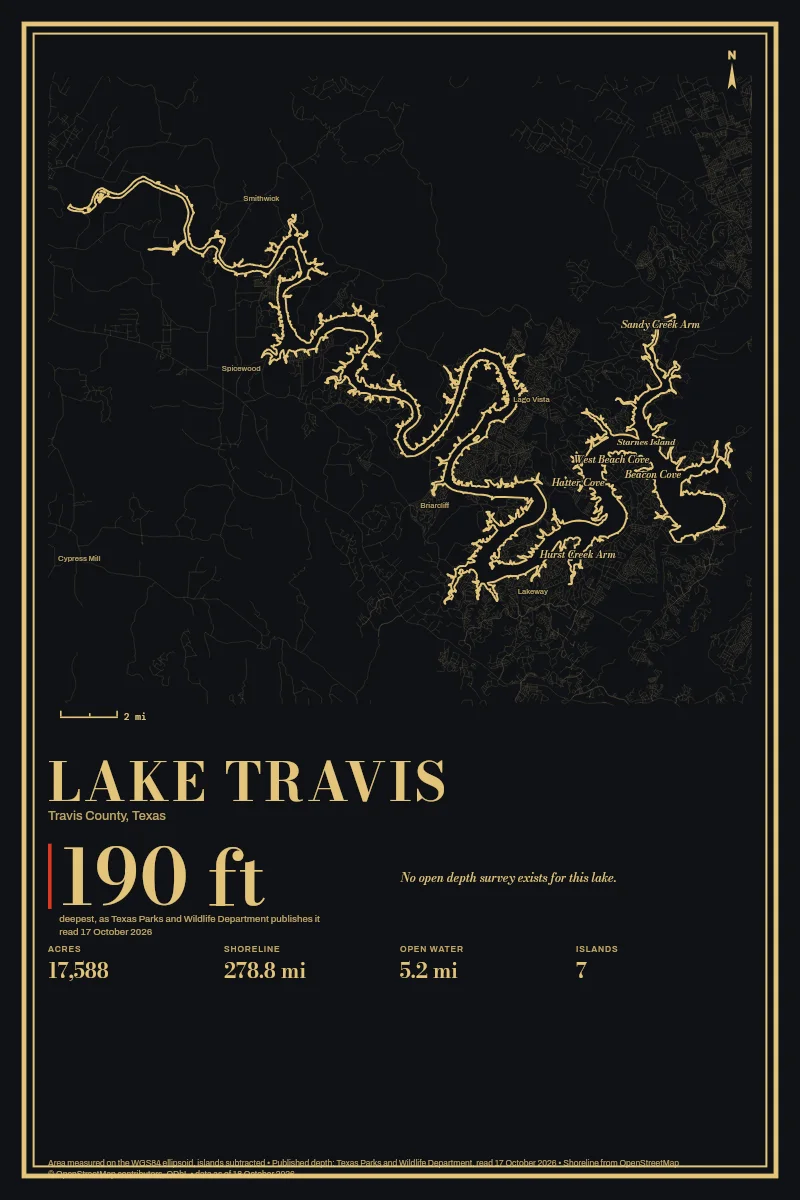 Lake Travis in Gilt on Black & Gold, its shoreline drawn with no depth survey.