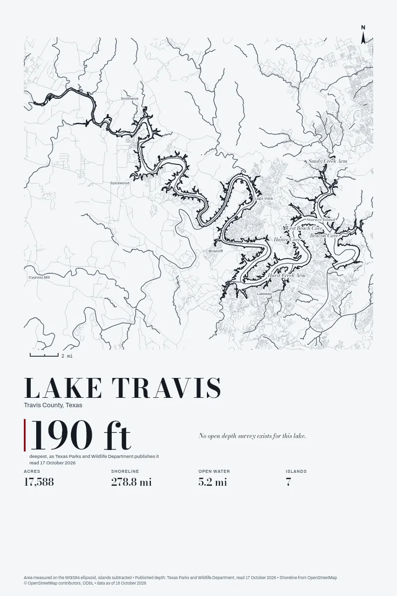 Lake Travis in Survey on Ink, its shoreline drawn with no depth survey.