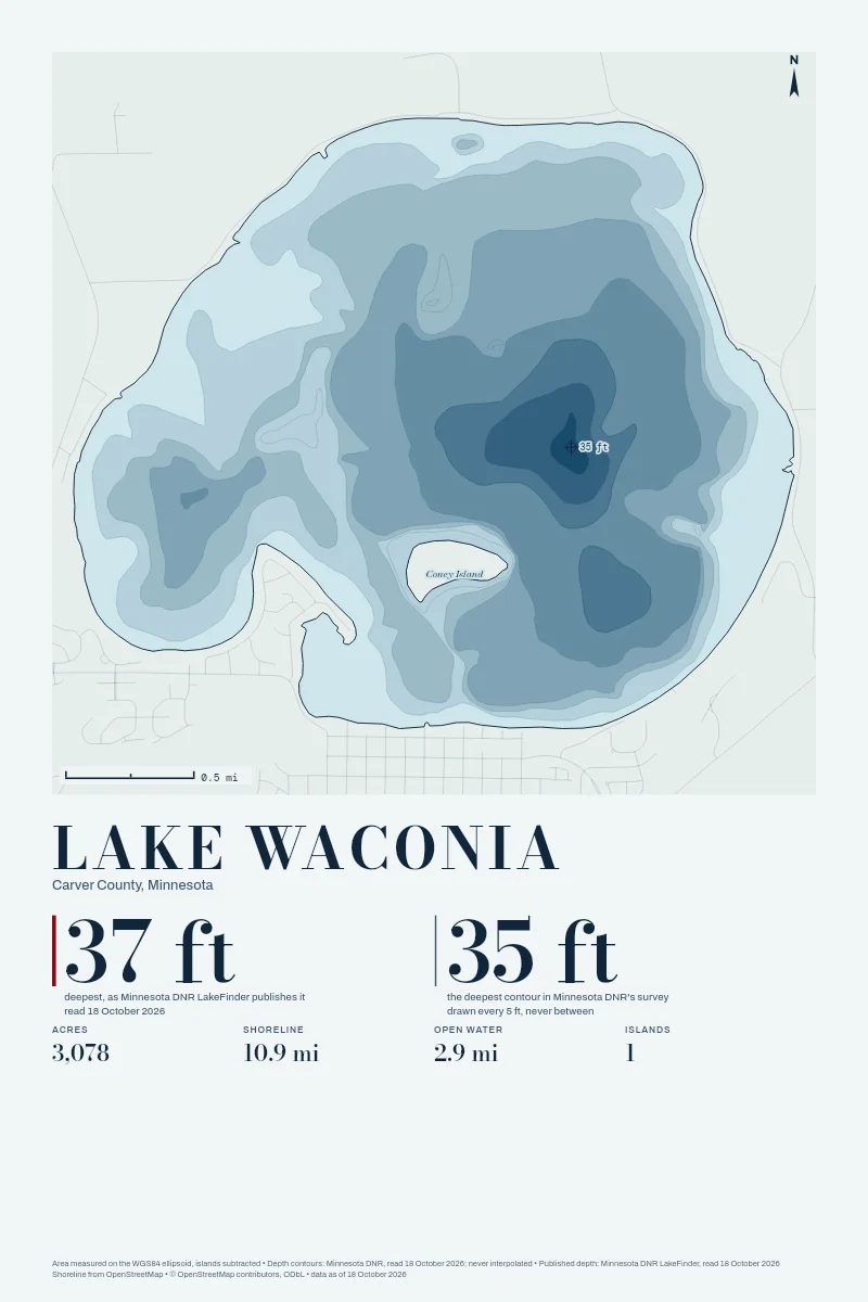 Lake Waconia in Bathymetric on Clear Water, its depth contours drawn from the state's survey.