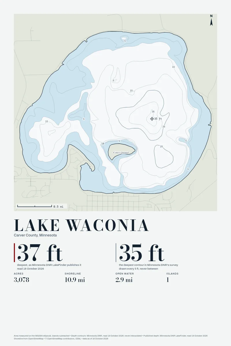 Lake Waconia in Chart on Chart, its depth contours drawn from the state's survey.