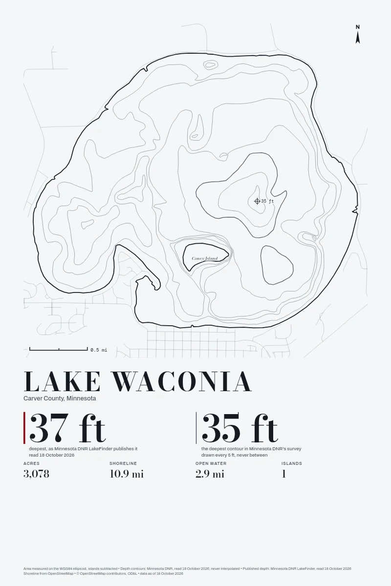 Lake Waconia in Survey on Ink, its depth contours drawn from the state's survey.
