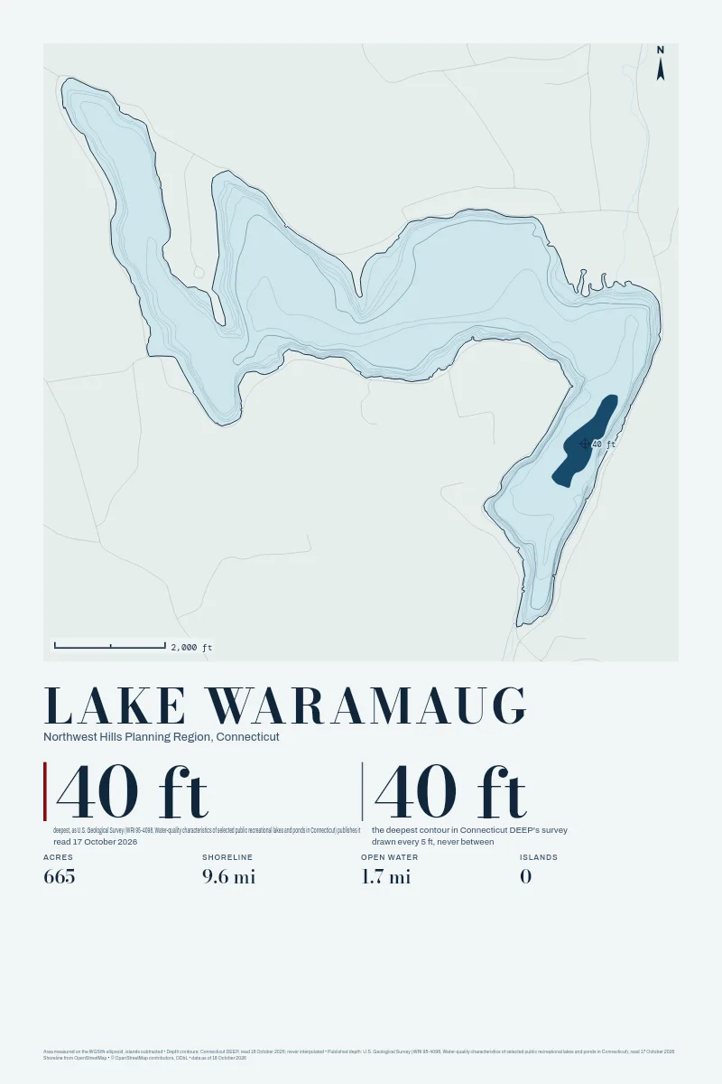 Lake Waramaug in Bathymetric on Clear Water, its depth contours drawn from the state's survey.