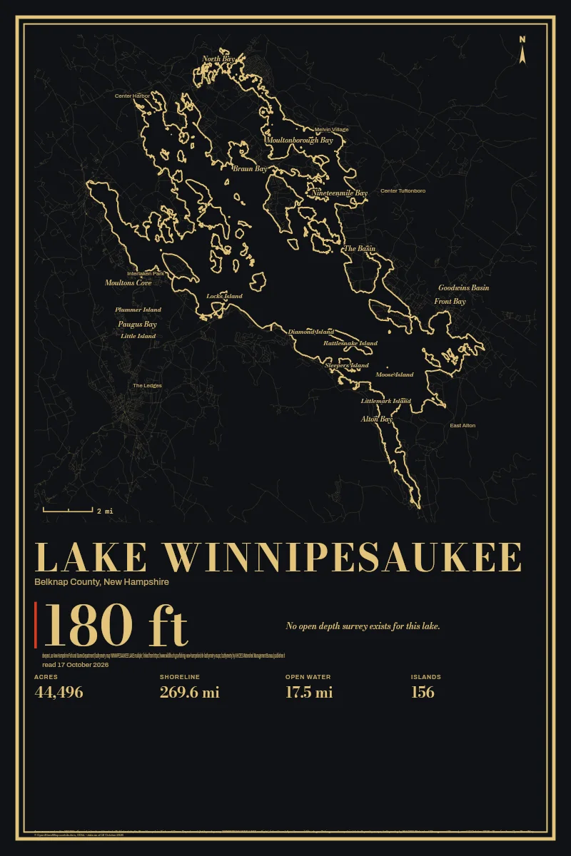 Lake Winnipesaukee in Gilt on Black & Gold, its shoreline drawn with no depth survey.