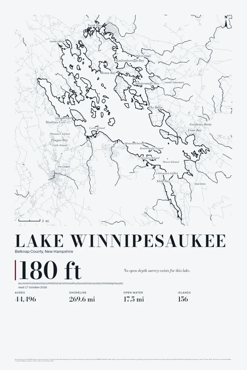 Lake Winnipesaukee in Survey on Ink, its shoreline drawn with no depth survey.