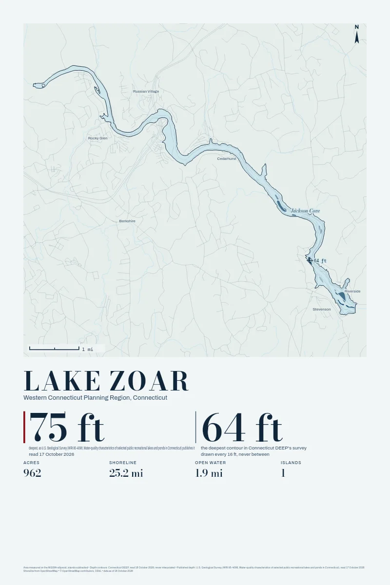 Lake Zoar in Bathymetric on Clear Water, its depth contours drawn from the state's survey.