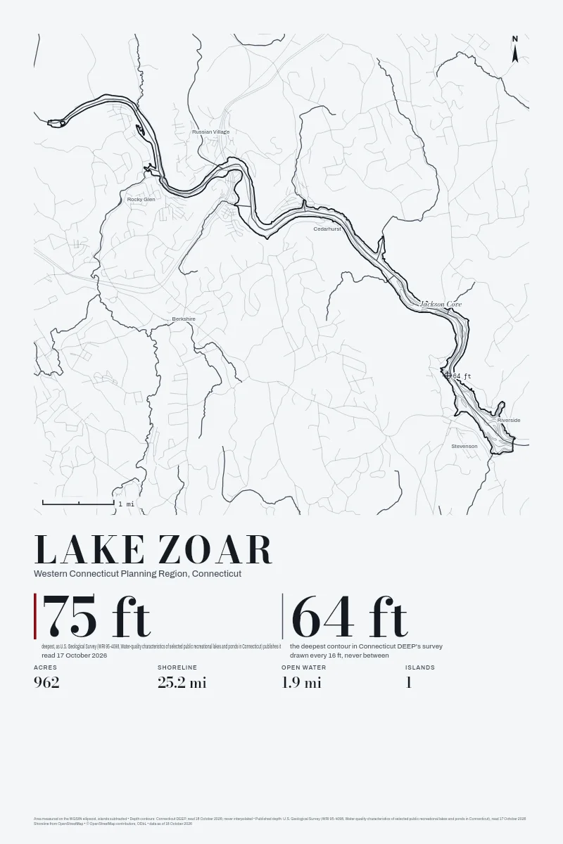 Lake Zoar in Survey on Ink, its depth contours drawn from the state's survey.
