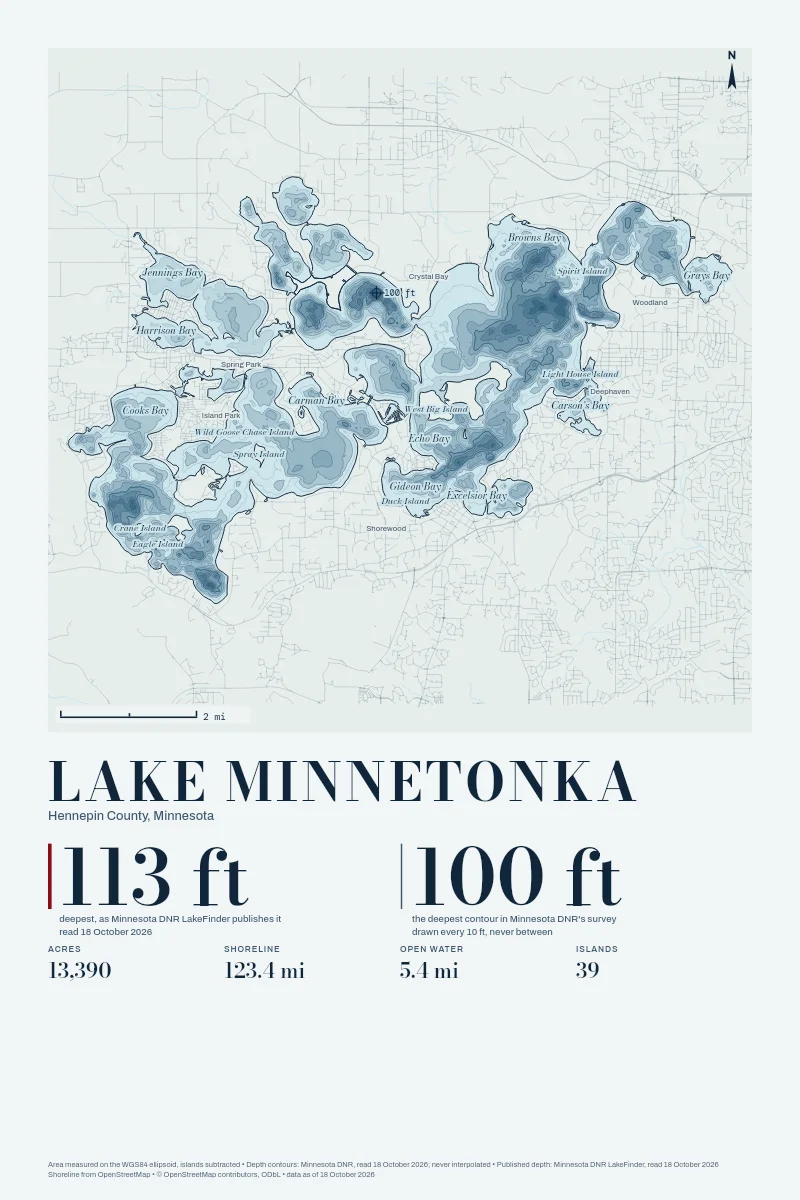 Lake Minnetonka in Bathymetric on Clear Water, its depth contours drawn from the state's survey.