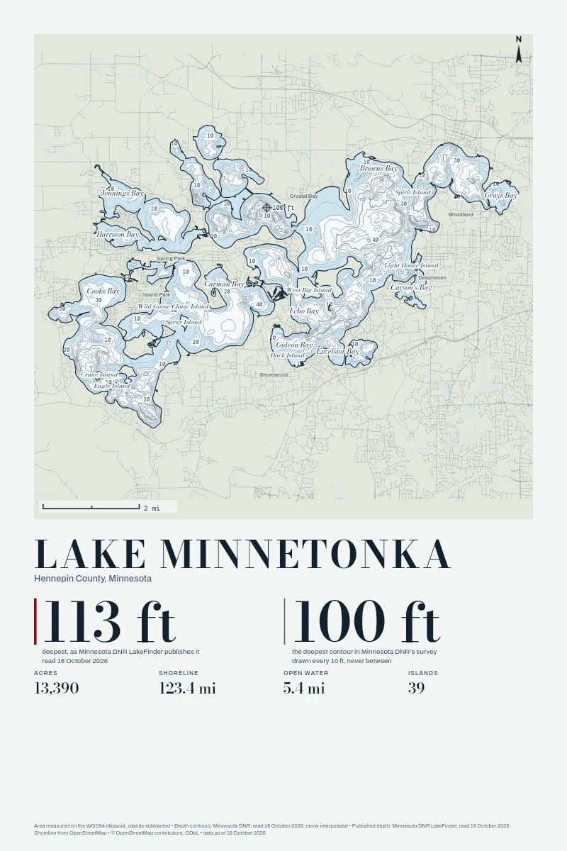 Lake Minnetonka in Chart on Chart, its depth contours drawn from the state's survey.