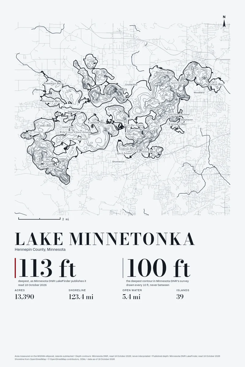 Lake Minnetonka in Survey on Ink, its depth contours drawn from the state's survey.