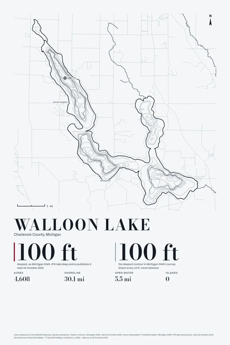 Walloon Lake in Survey on Ink, its depth contours drawn from the state's survey.