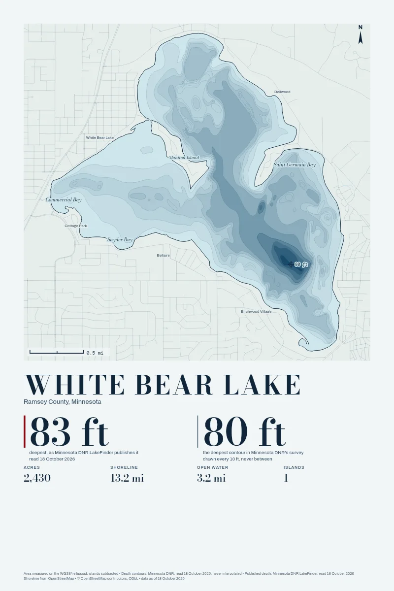 White Bear Lake in Bathymetric on Clear Water, its depth contours drawn from the state's survey.